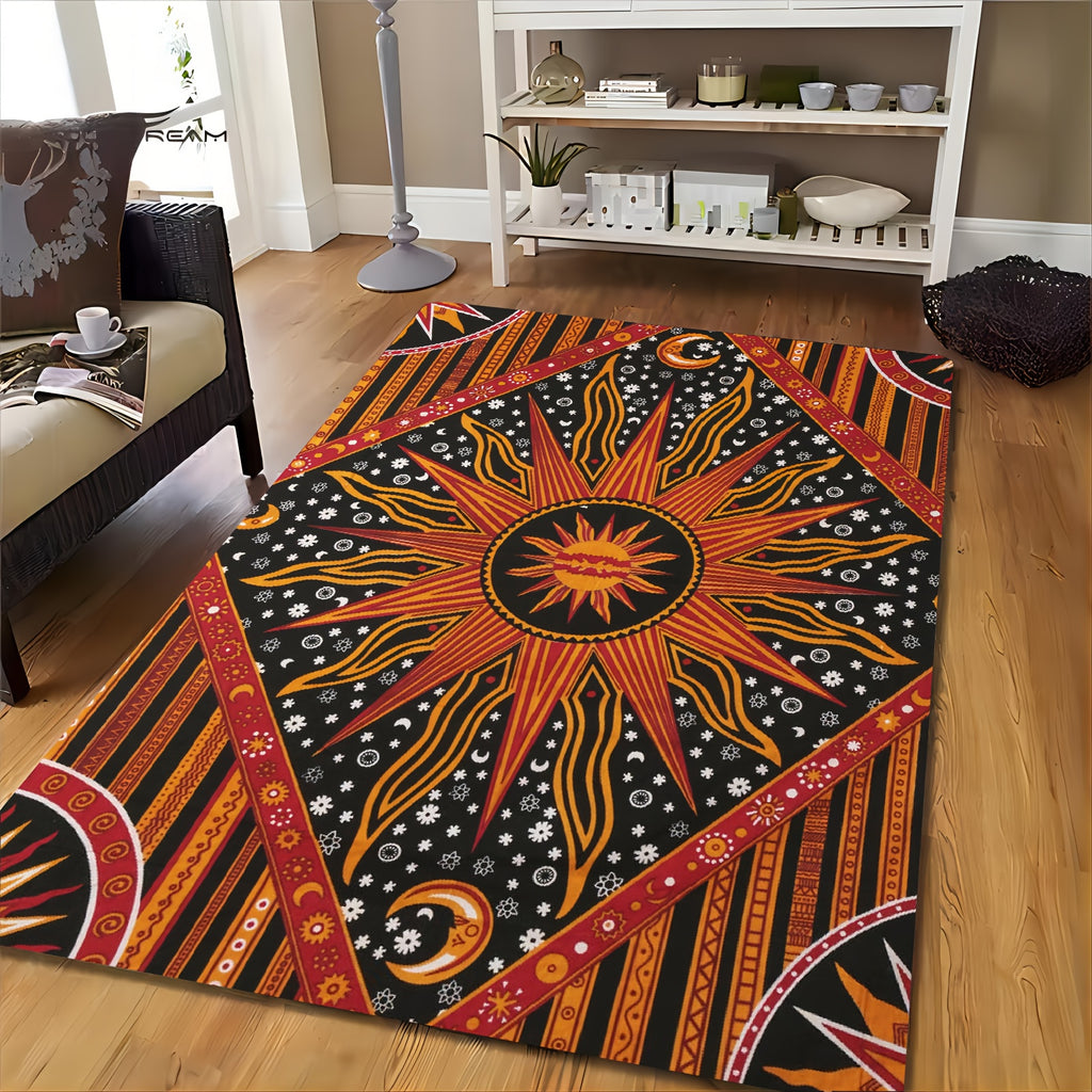 Sun and Moon Pattern Area Rugs: Non-slip, Soft, and Comfortable Polyester Fiber Mat for Living Room, Bedroom, Office, and Outdoor Use - Machine Washable, Anti-fatigue, and Waterproof