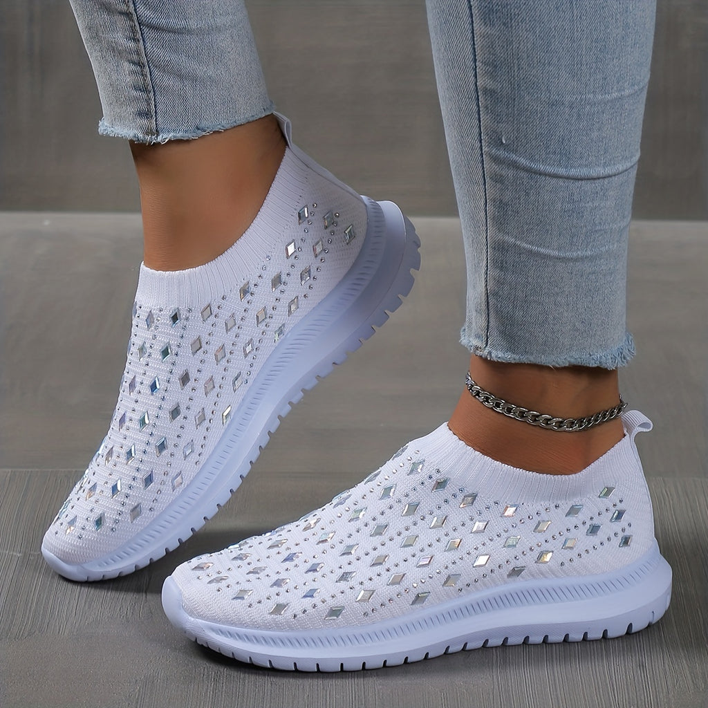 Women's Slip On Sock Shoes, Rhinestone Decor Knitting Low Top Sports Shoes, Breathable Walking Sneakers