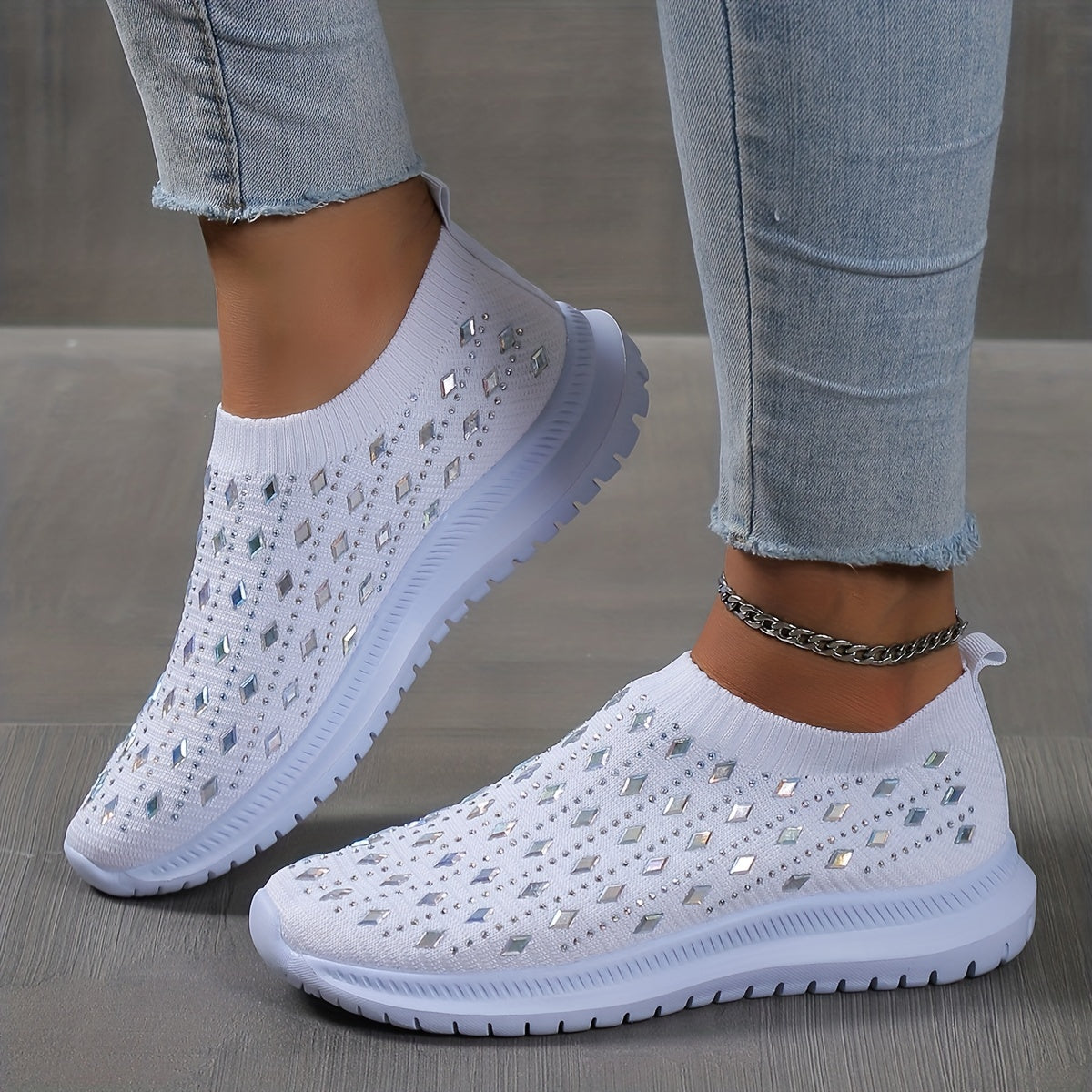 Women's Slip On Sock Shoes, Rhinestone Decor Knitting Low Top Sports Shoes, Breathable Walking Sneakers