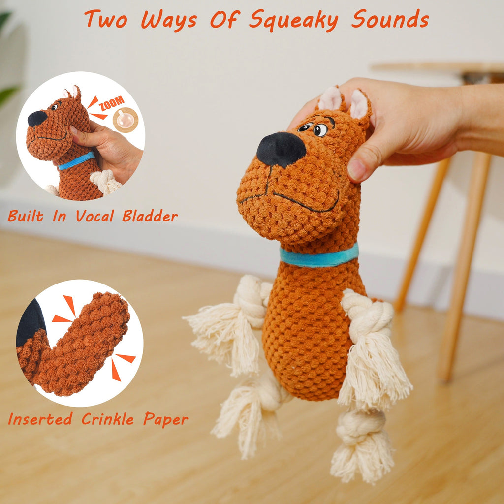 FunBite Squeak Toys - Interactive Tough Plush Rope Toys for Medium Large Aggressive Chewers, Stuffed with Crinkle Paper, Squeaky Dog Chew Toy for Outdoor Puppy Playtime