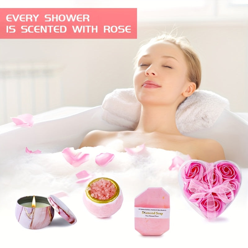 Bath Gift Set with Rose Scented Candles, Dried Flowers, Bath Salt Balls, Water Cups, Eye Masks, Gift Cards, Blankets, Soaps, Socks, Hair Ribbons, Can Be Used As Birthday, Christmas, Mother's Day, Valentine's Day Gifts for Fam