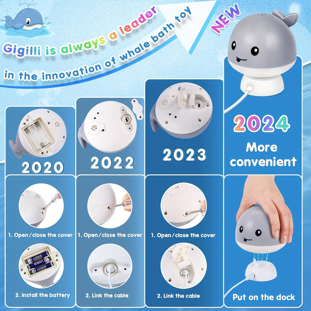 2024 Upgraded Whale Bath Toy With Charging Dock, Gigilli Rechargeable Bath Toys, Light Up Bath Fountain Toy, Spray Water Bathtub Toy Sprinkler For Kids Girls Boys Gifts