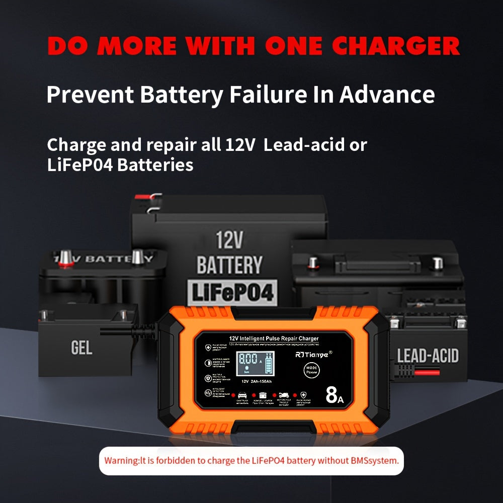 [Smart Car Charger] 12V 8A Smart Trickle Charger, American Plug Car Battery Charger | for Automotive Lead Acid and Lithium Iron Batteries