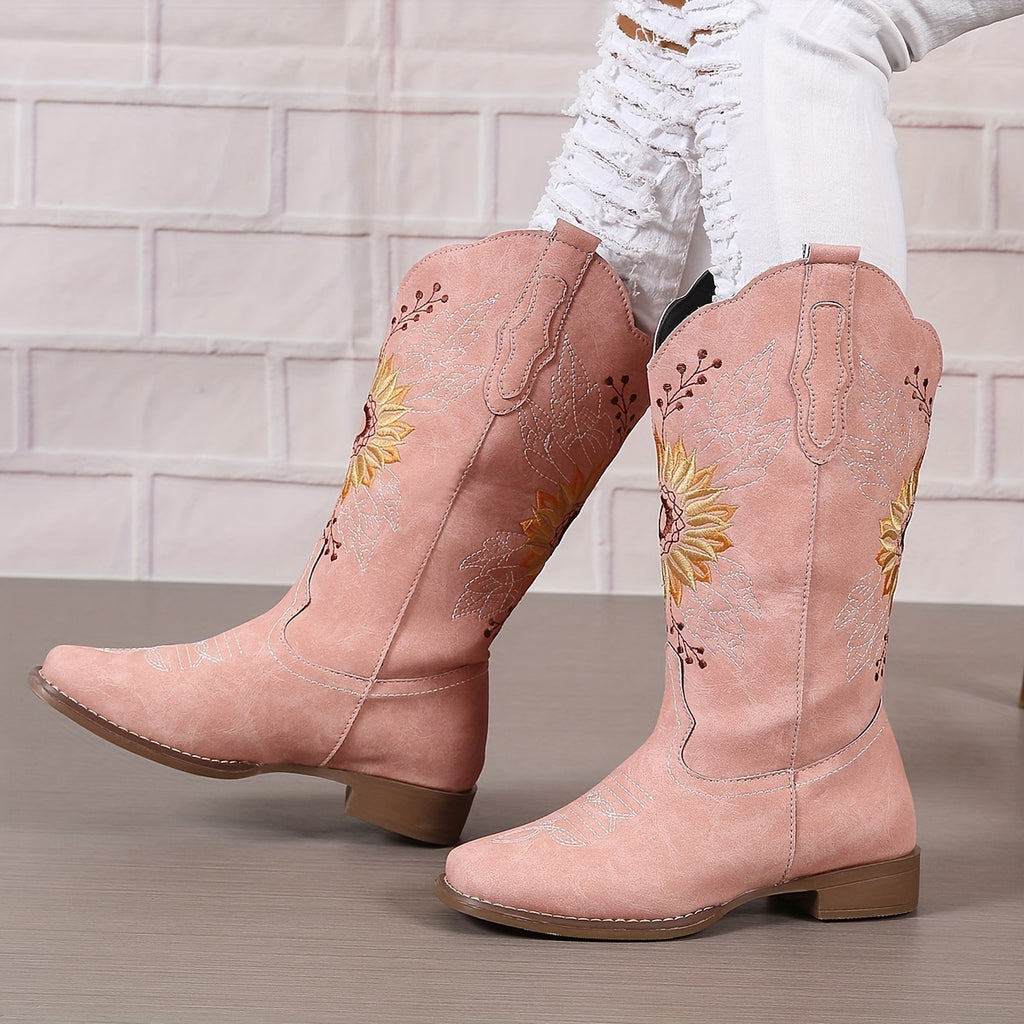 Women's Embroidered Mid Calf Western Boots, Faux Leather Fashion Boots, Women's Footwear