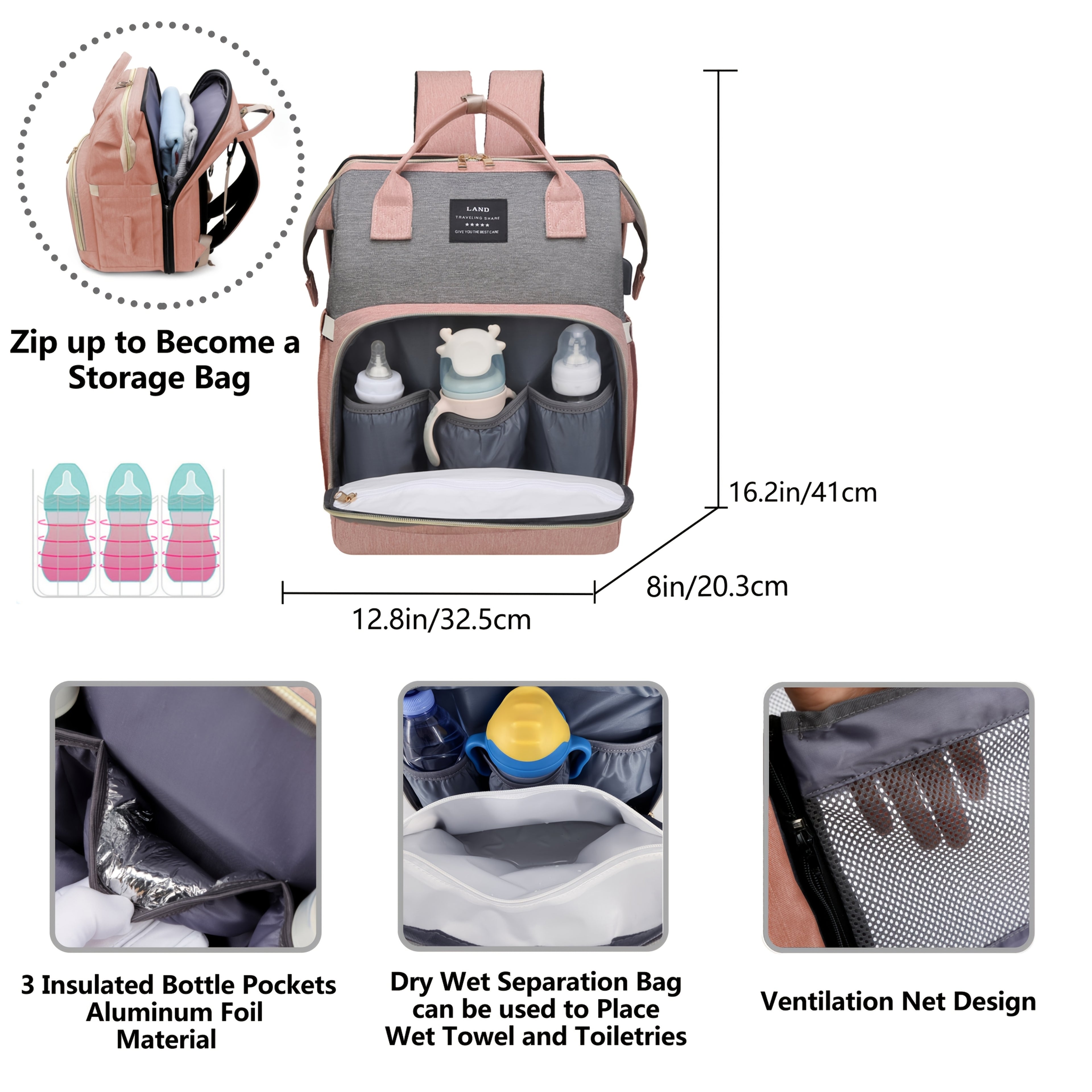 Lamroro Moire Diaper Bag Backpack, Large Capacity, Travel Backpack with Changing Station
