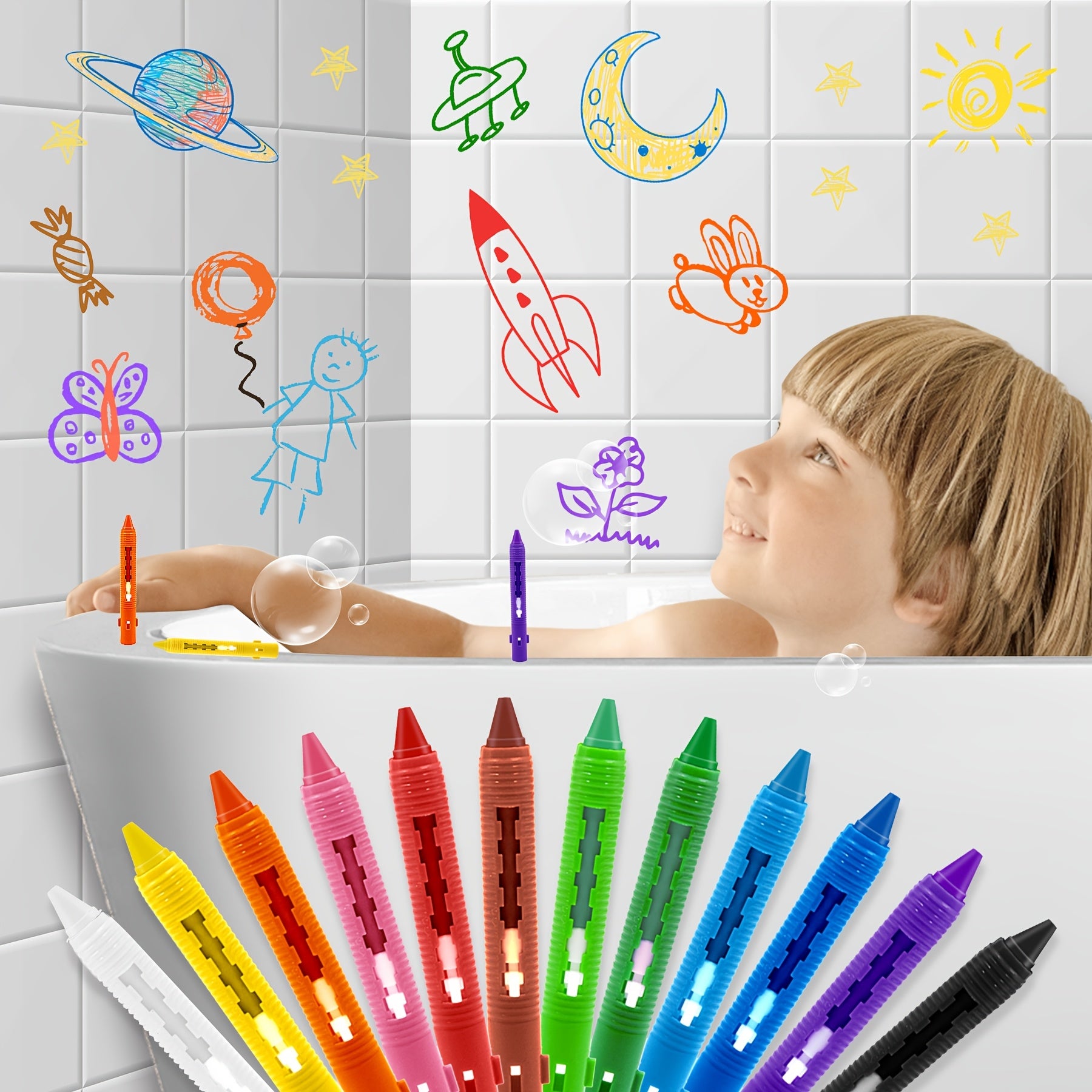 12pcs Washable Bath Crayons Set - Vibrant, Non-Toxic Bathtub Markers for Youngsters, Easy Clean-Up Space-Themed Toys, Perfect for Youngsters and Young Youngsters, Bathtub Toys