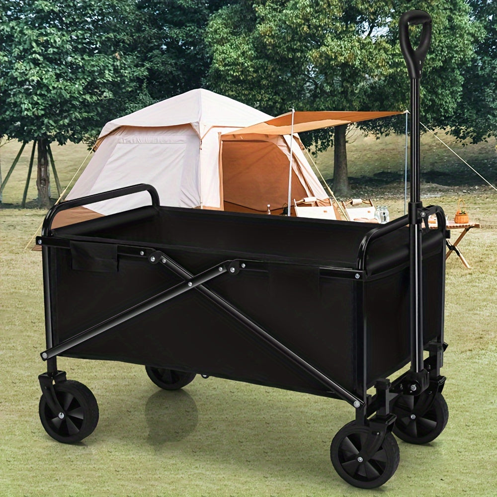 1pc Folding Outdoor Utility Wagon, Portable Collapsible Garden Cart With Adjustable Handle, Heavy Duty Plastic Camping Trolley, Easy Storage Home Shopping Trailer