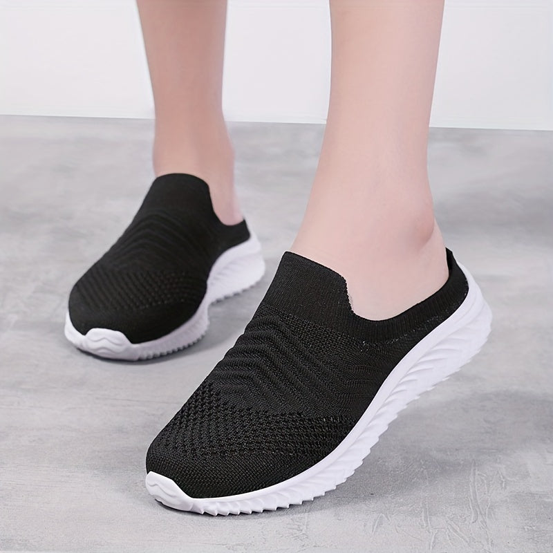 Women's Solid Color Knit Sneakers, Breathable Closed Toe Slip On Slippers, Casual Walking Mules
