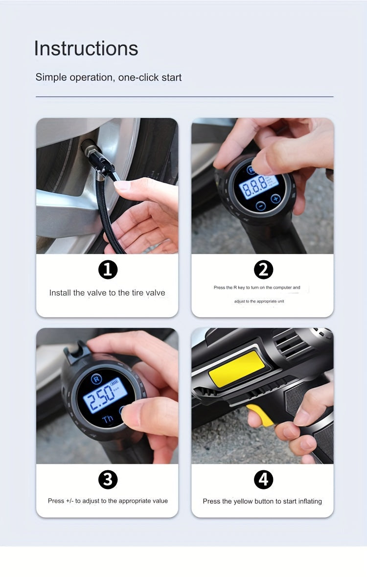 120W multi-function portable automotive air compressor, wired/wireless handheld automotive air pump electric, automotive tire inflator with LED lights