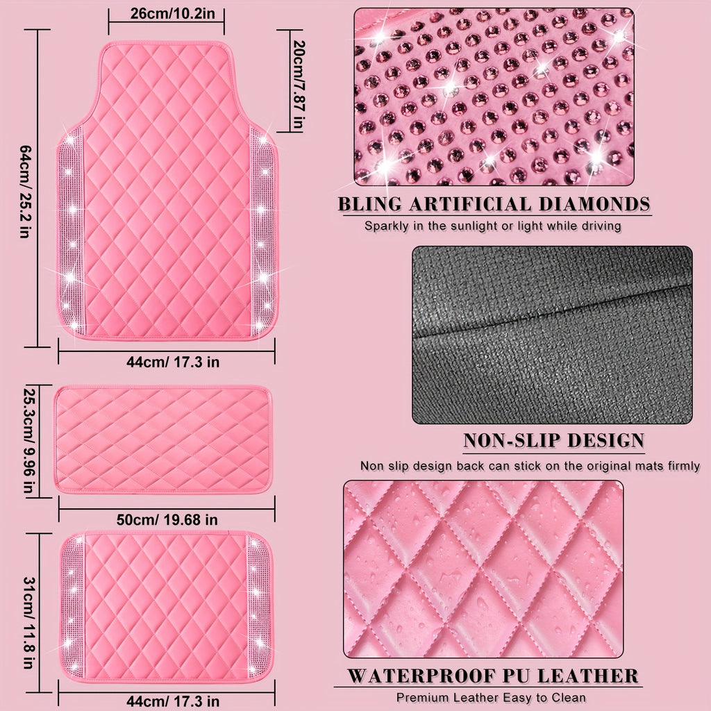 Bling PU Leather Car Mats Shining Diamond Floor Mats Crystal Rhinestone Sparkly Glitter Carpet Anti-Slip Waterproof Pad Universal Fit Automotive SUV, Sedan, Van, 5pcs Girl Women, Pink
