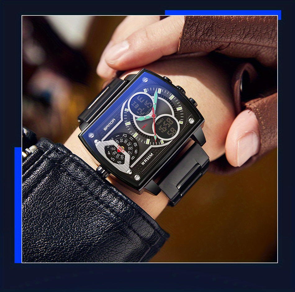 Large Dial Multi Time Zone Men's Watch, Square Dual Display Multifunctional Sports Watch with Dual Time Zone, Date, Alarm, and Stopwatch Functions