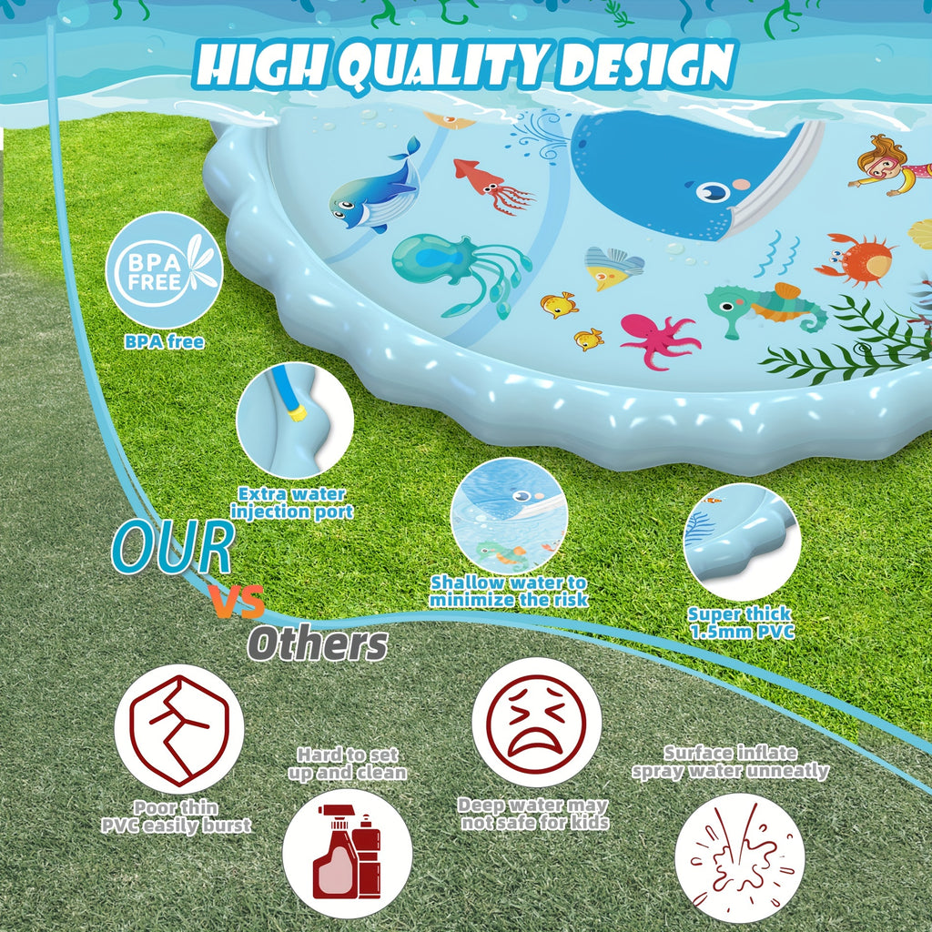 Extra Large Inflatable Splash Pad & Sprinkler Play Mat for Kids - Thickened Durable Plastic with Marine Life Design, Water Spray Fun for Ages 3-12 Years, Summer Outdoor Water Toys for Boys & Girls