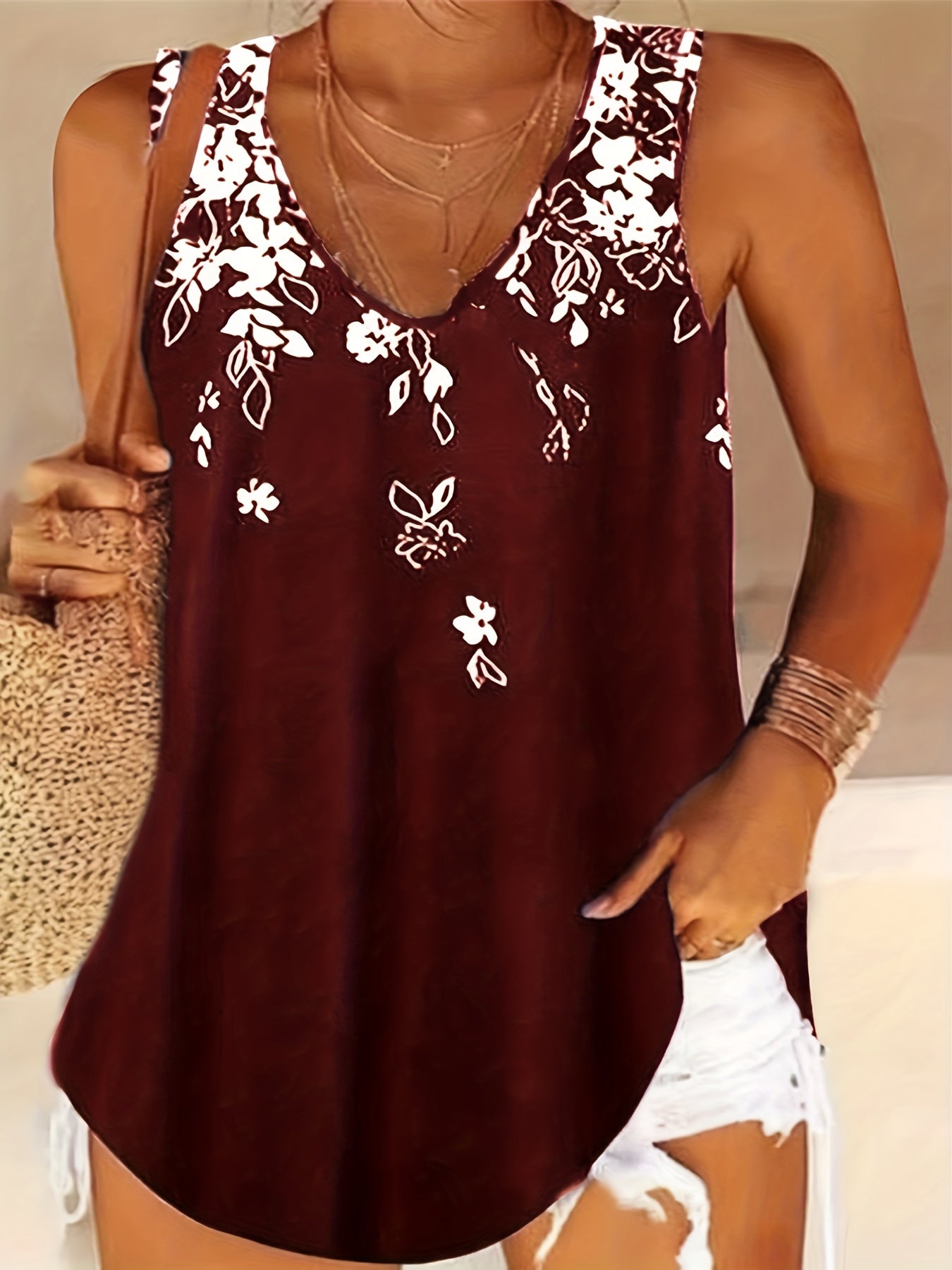 Plus Size Casual Top, Women's Plus Floral Print V Neck Slight Stretch Tank Top