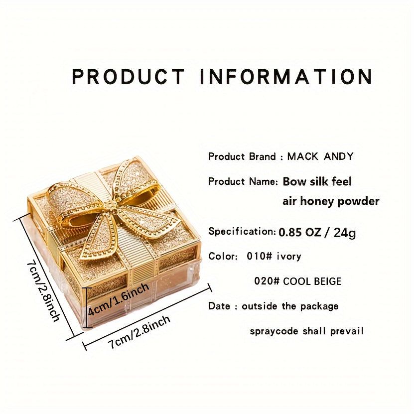 Elegant Bowknot Air Powder - Lightweight, Long-Lasting Oil Control & Waterproof Setting Powder for All Skin Tones, Ivory White & Cool Beige, Matte Finish with Glittery Golden Bow Design