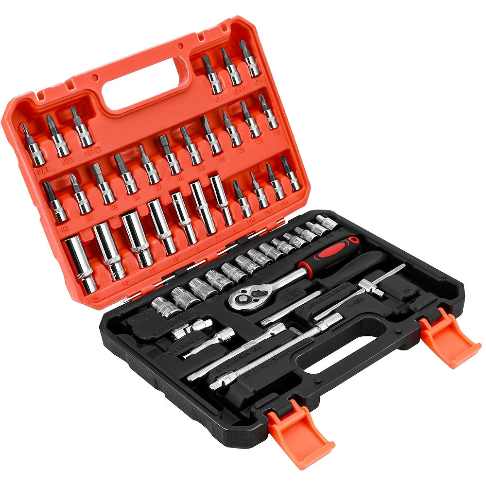 A Collection of 53 Mechanical Tool Kits, Including 1/2" And 1/4" Drive Depth And Standard Sockets, Ergonomic Handles, Ratchet Wrenches,