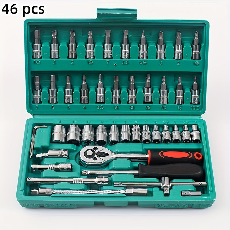 Automotive repair socket wrench kit, ratchet kit, mechanical tool kit, automotive repair and household drill bit socket, metric, 1/ 4 inch drive, 46 pieces