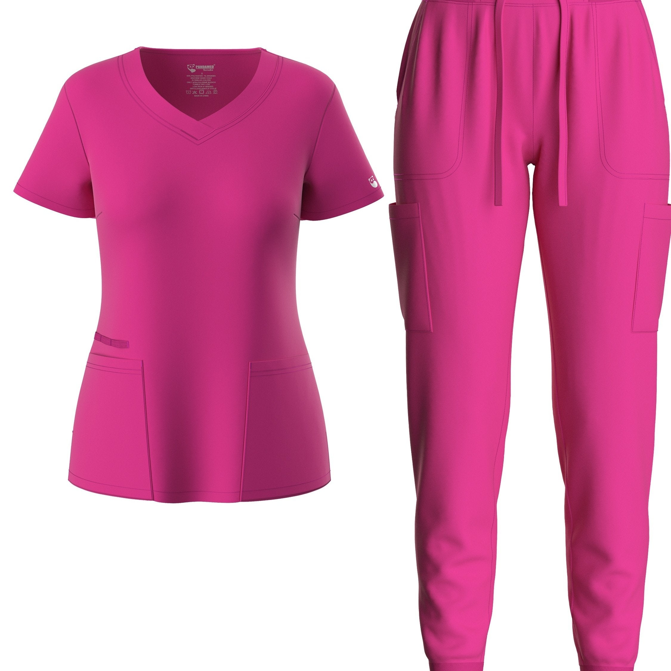two-piece Elegant Two-Piece Scrub Set for Women: Short Sleeve V Neck Top & Drawstring Pants