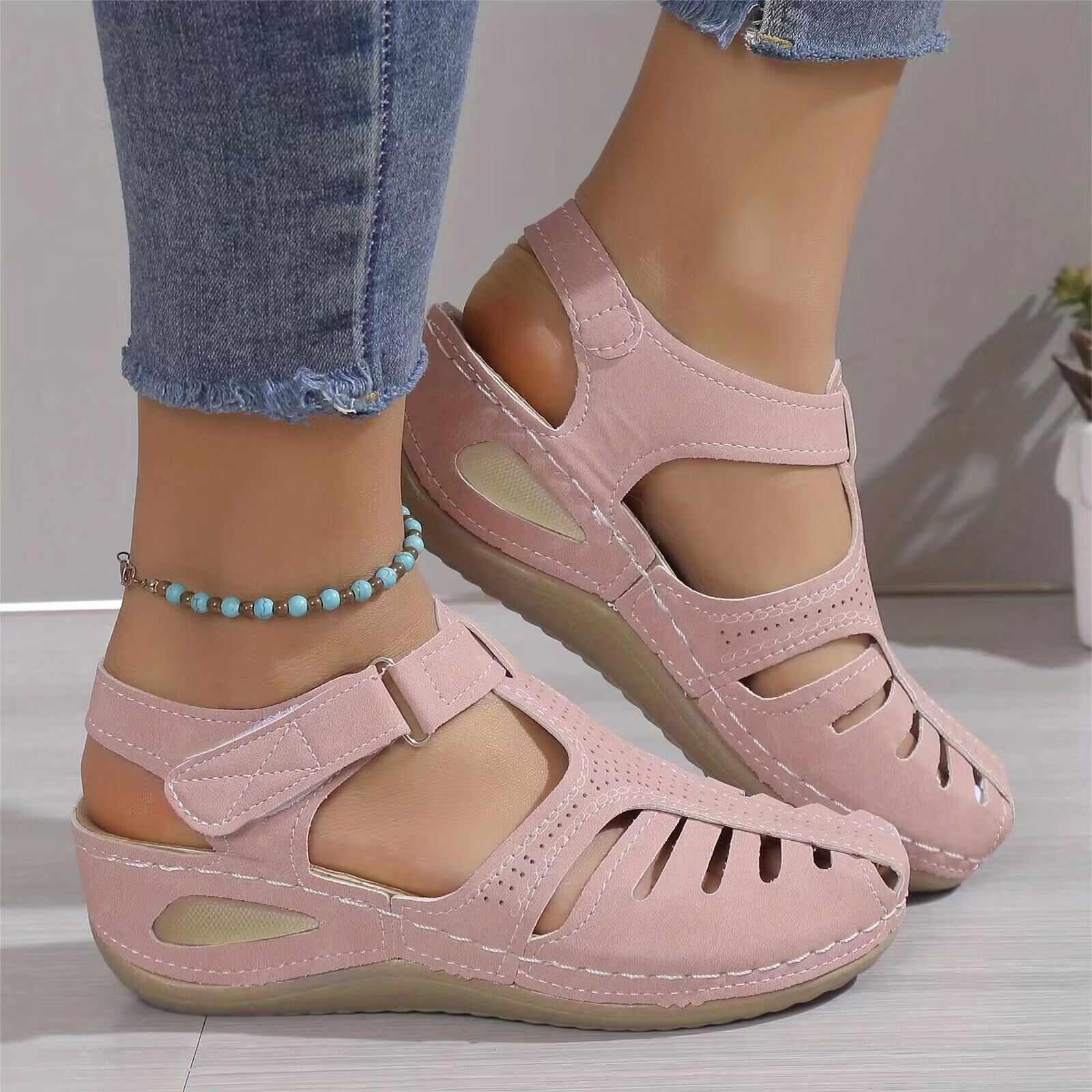 Women's Platform Sandals, Closed Toe Round Toe Solid Color Ankle Strap Sandals, Women's Hook And Loop Shoes