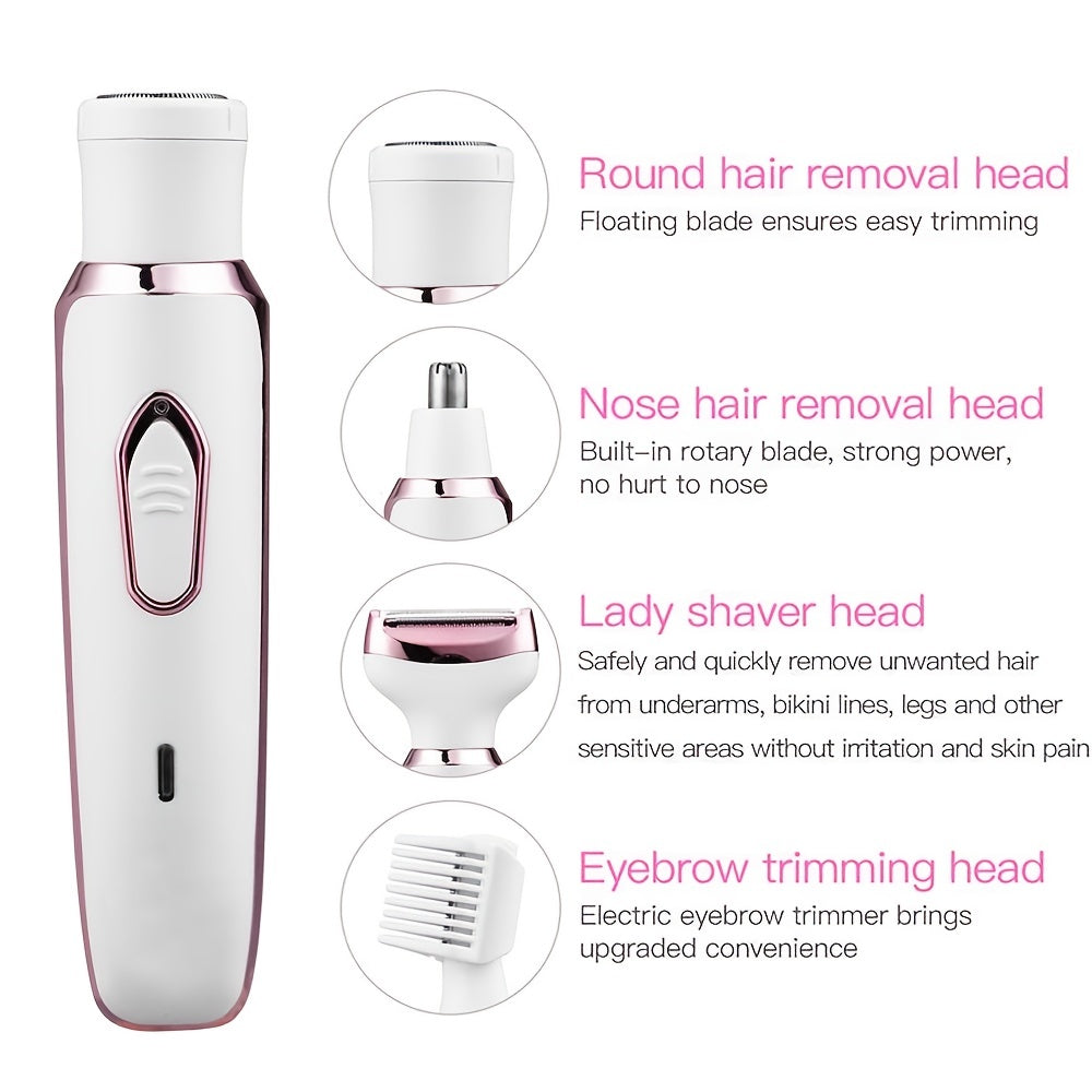 Electric Lady Shaver, Women Razors for Shaving Cordless 4-in-1 Shaver for Women Face, Legs and Underarm, Portable Bikini Trimmer Wet & Dry Hair Removal, Cordless - Micro USB Rechargeable