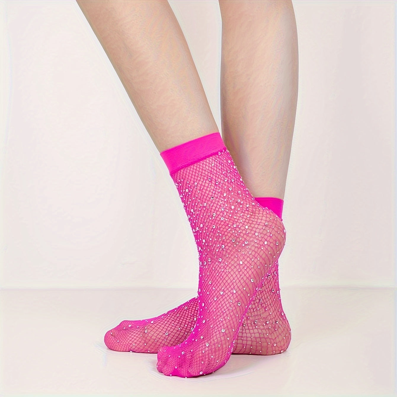 Rhinestone Black Fishnet Stockings, Sheer Fishnet Mid Tube Socks, Women's Underwear & Hosiery For Music Festival