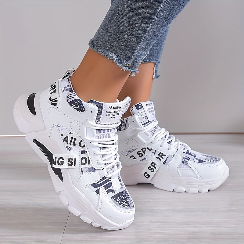 Chic All-Season Women’s Sports Shoes: Color Block, Comfortable Non-Slip, Unique Print & Versatile Medium Top