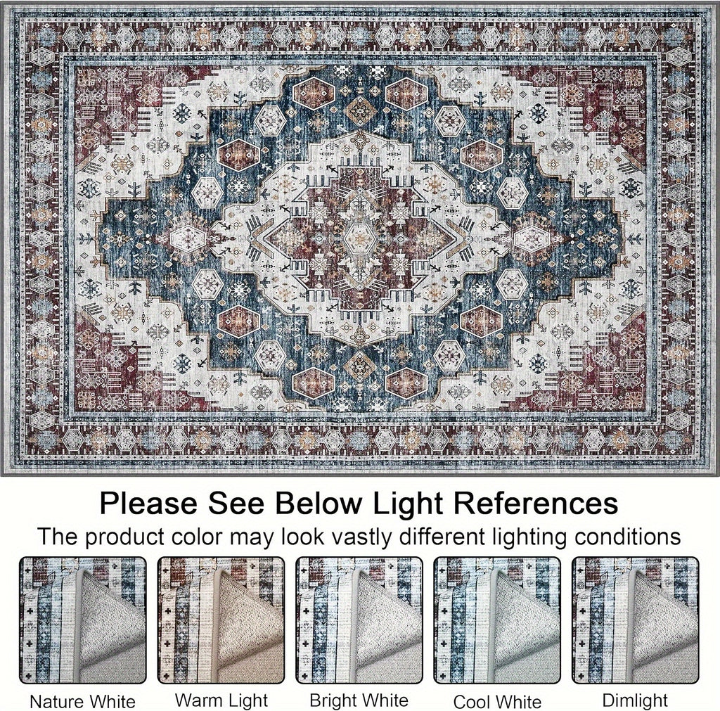 Washable Rug Living Room Rugs: 8x10/9x12 Area Rug Large Boho Medallion Distressed Carpets Indoor Soft Floor Anti Slip Carpet For Under Dining Table Bedroom Farmhouse Home Office - Red/Blue