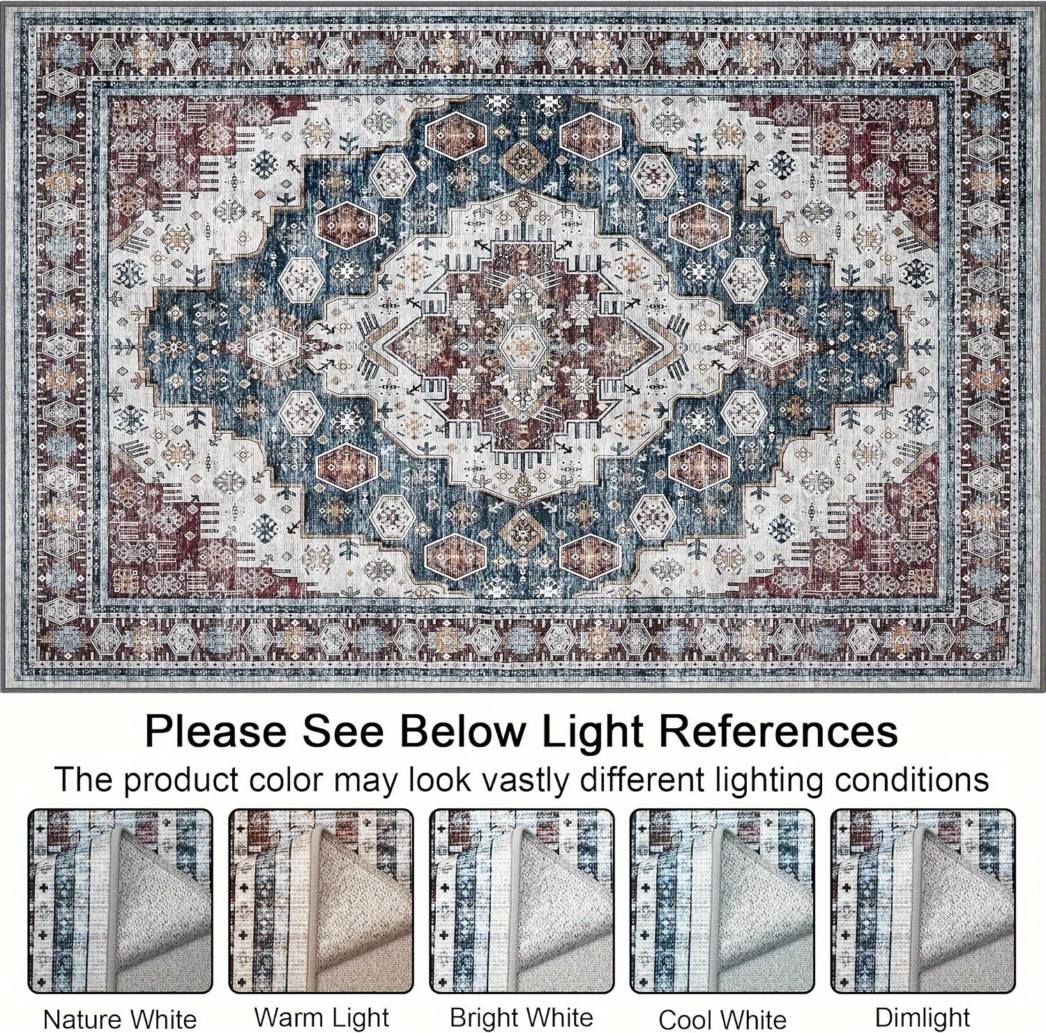 Washable Rug Living Room Rugs: 8x10/9x12 Area Rug Large Boho Medallion Distressed Carpets Indoor Soft Floor Anti Slip Carpet For Under Dining Table Bedroom Farmhouse Home Office - Red/Blue