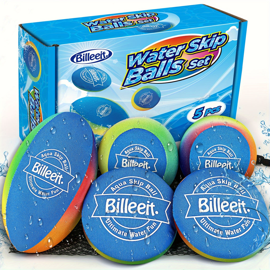 Billeeit Water Skipping Balls Set for Pool Play, Include 1 Rugby, 2 Balls and 2 Discs, Rainbow Color Splash Water Bouncing Balls, Fun Beach Toys & Games, Summer Gift for Kids 3+ 4-8-12 and Adults