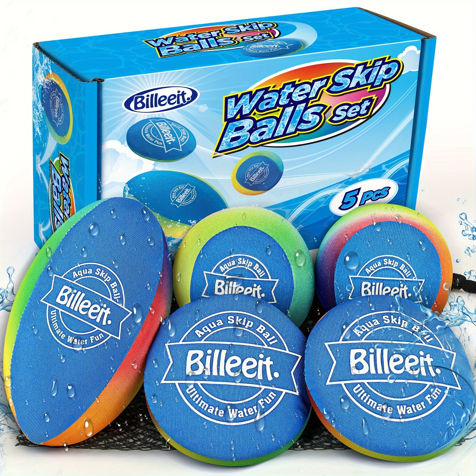 Billeeit Water Skipping Balls Set for Pool Play, Include 1 Rugby, 2 Balls and 2 Discs, Rainbow Color Splash Water Bouncing Balls, Fun Beach Toys & Games, Summer Gift for Kids 3+ 4-8-12 and Adults