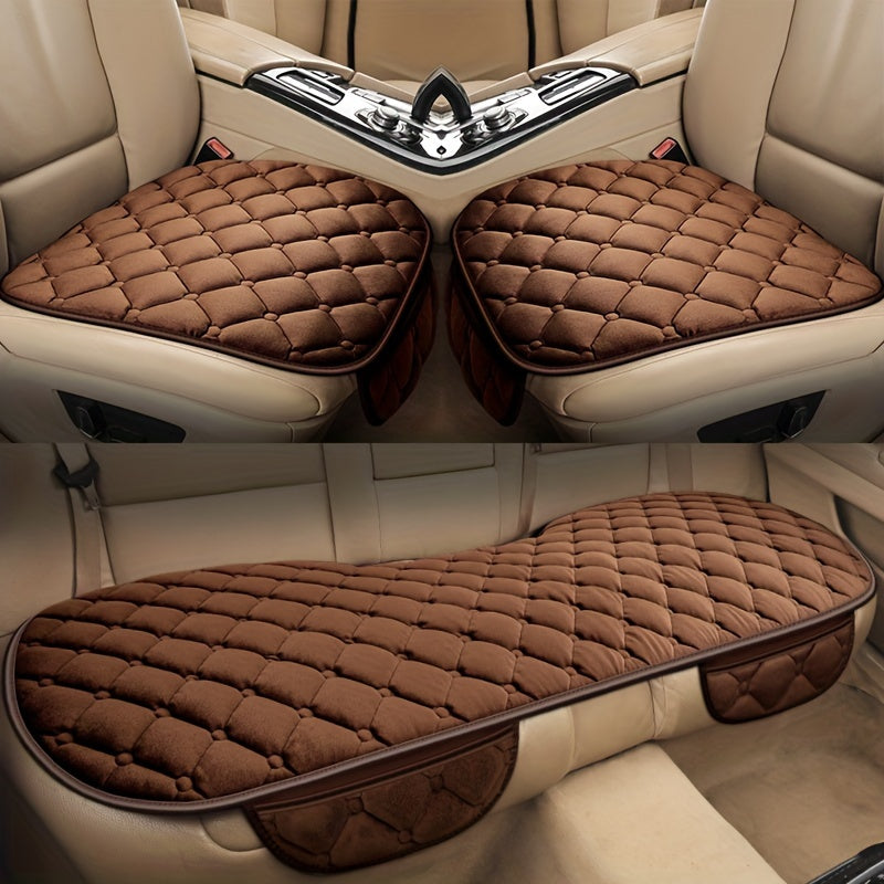 Diamond Pattern Plush Car Seat Cover Set - Universal Fit Warm Winter Automotive Seat Cushions, 3-Piece Vehicle Seat Pad Kit with Secure Buckle System for Car Interior Accessories