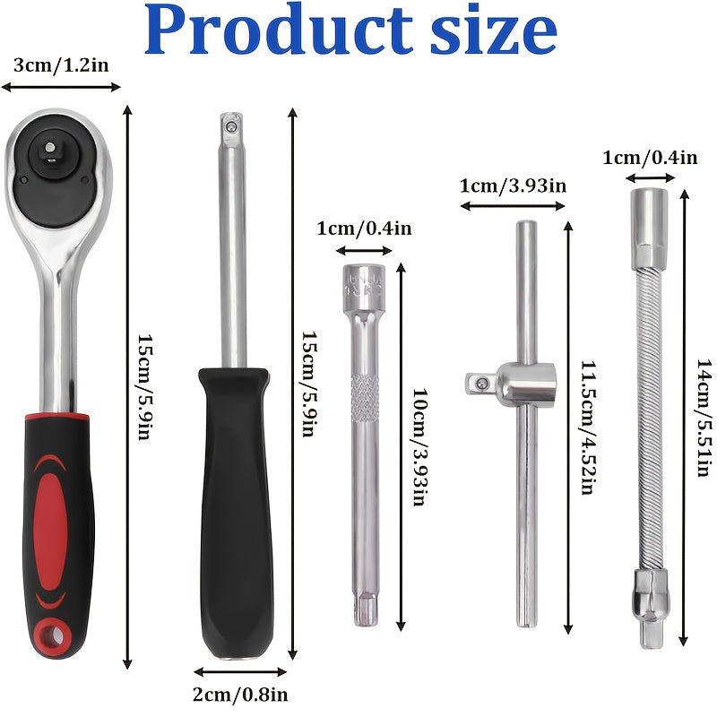 A Collection of 53 Mechanical Tool Kits, Including 1/2" And 1/4" Drive Depth And Standard Sockets, Ergonomic Handles, Ratchet Wrenches,