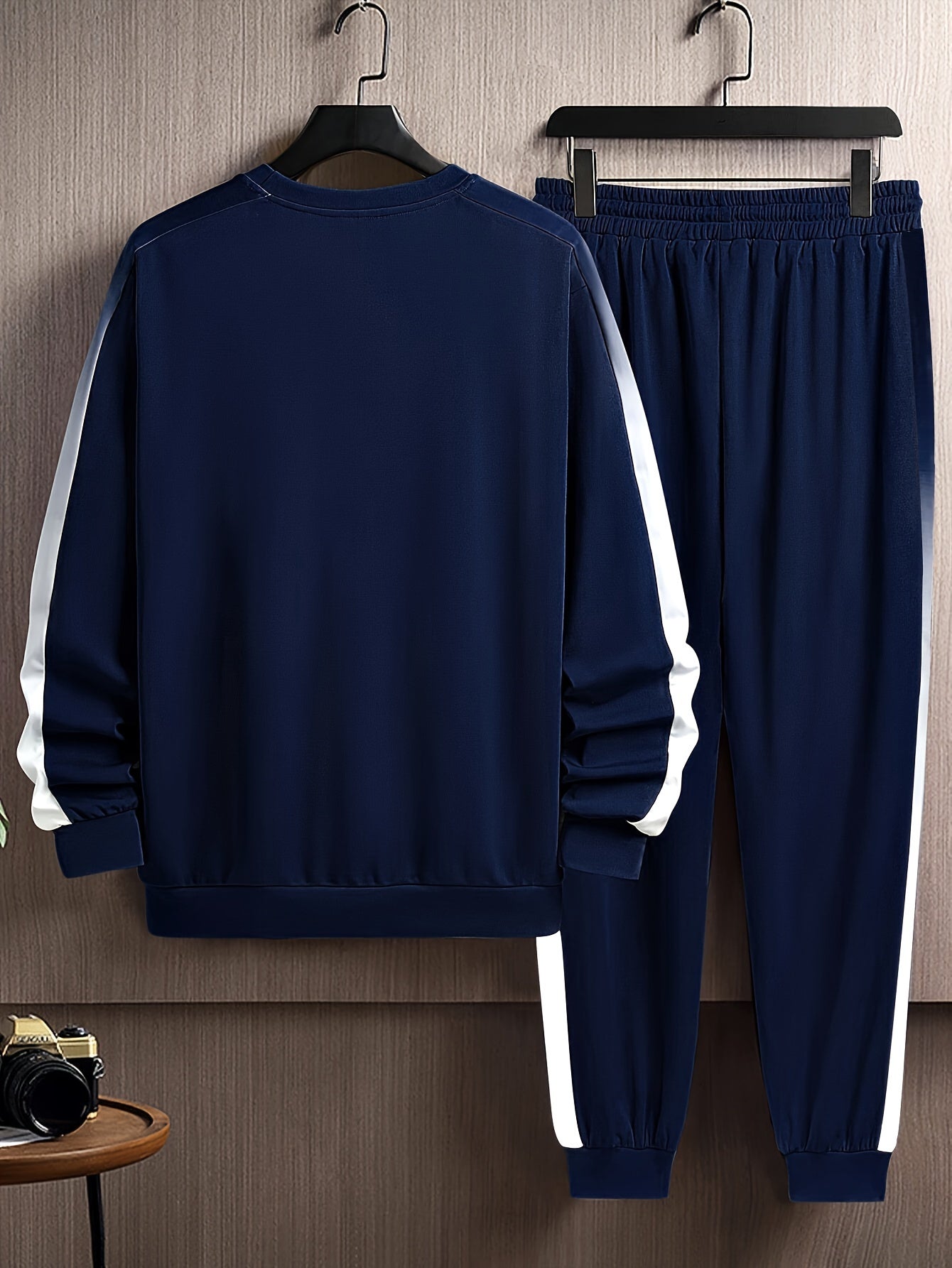 Plus Size Men's Contrast Color Sweatshirt & Sweatpants Set For Spring/autumn, Sports/outdoor Casual 2Pcs Outfits For Males, Men's Clothing