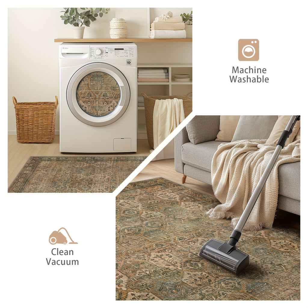 Area Rugs, Ultra-Thin Foldable Low Pile Machine Washable Mat, Lightweight Machine Washable Rugs for Living Room Bedroom, Sound Absorbing Vintage Sage Rectangle Mat