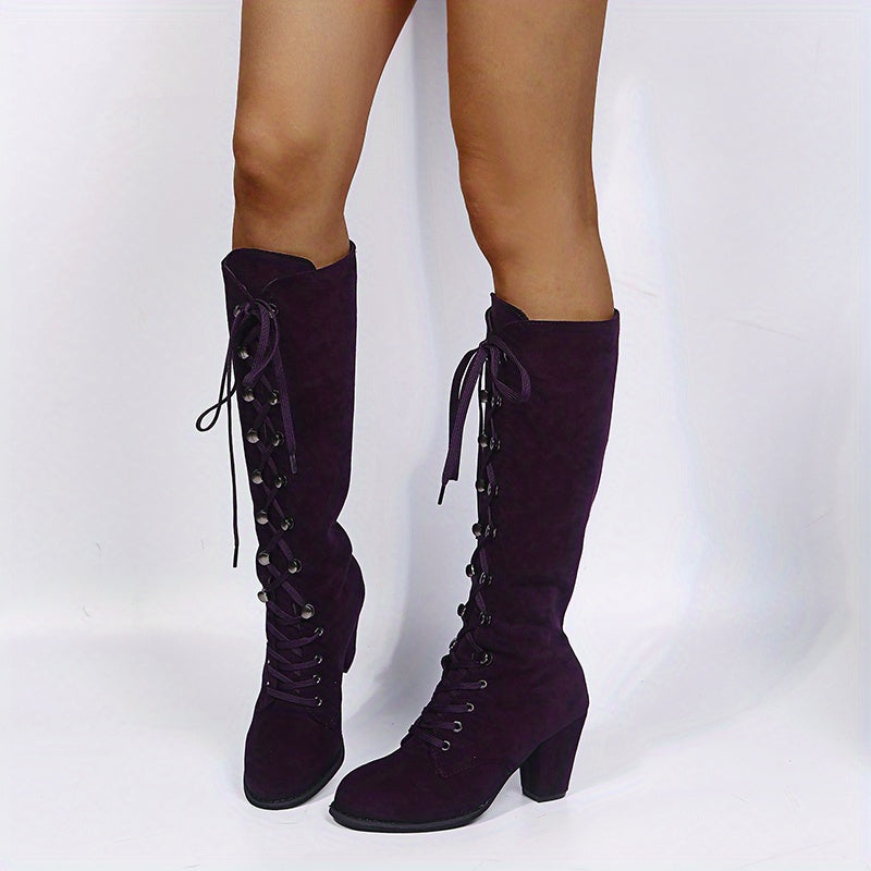 Women's Heeled Knee High Boots, Solid Color Lace Up Chunky Heeled Boots, Versatile Comfy Long Boots