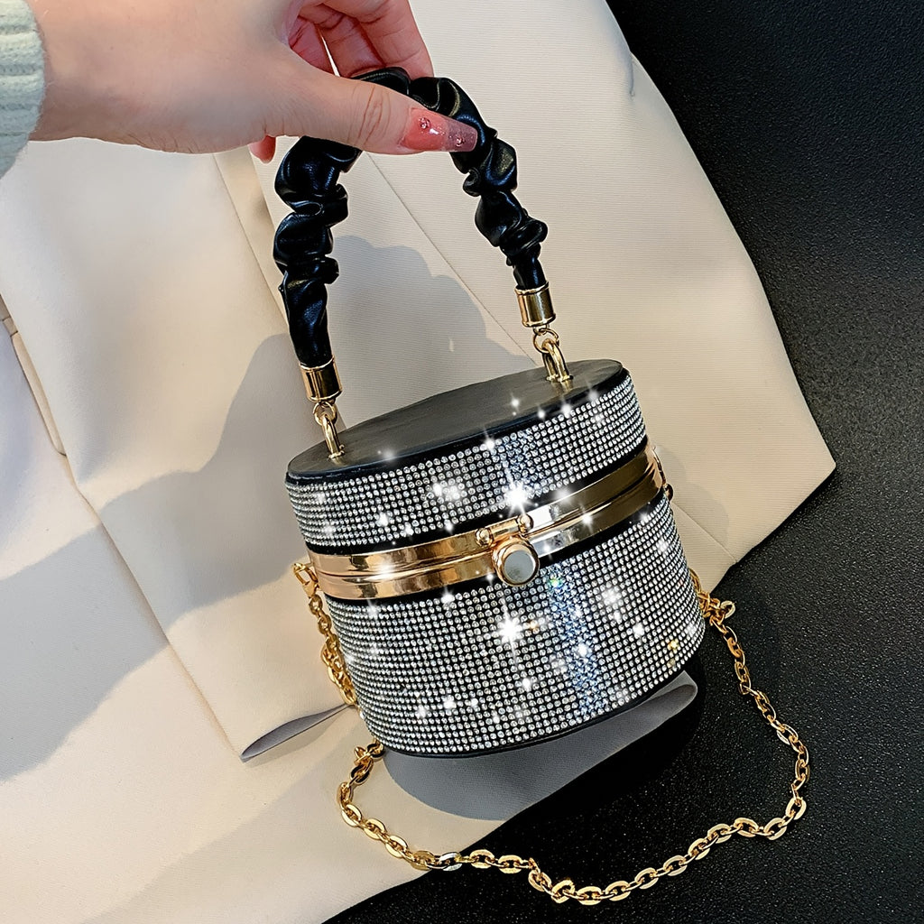 Mini Allover Rhinestone Handbag, Ruched Detail Evening Bucket Bag,