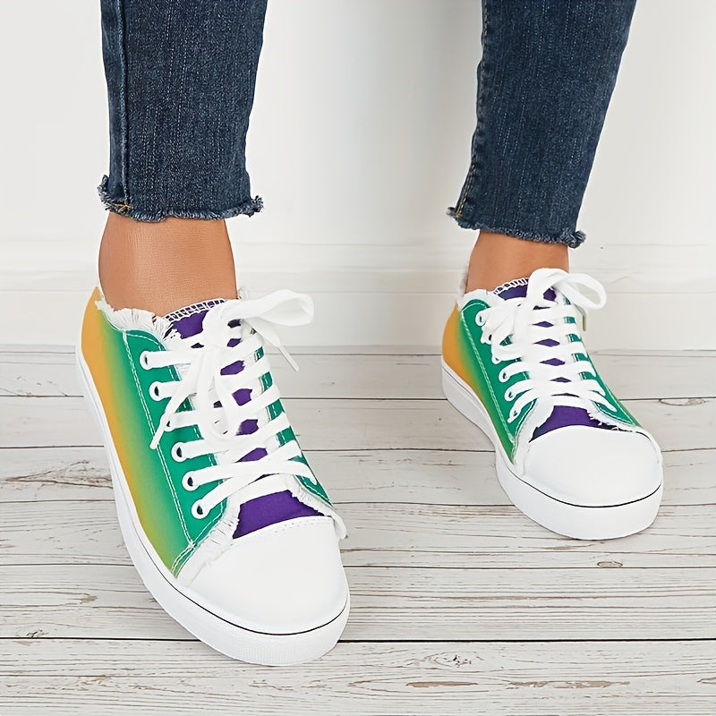 Women's Multicolor Gradient Flat Shoes, Lightweight Comfortable Lace Up Sports Shoes