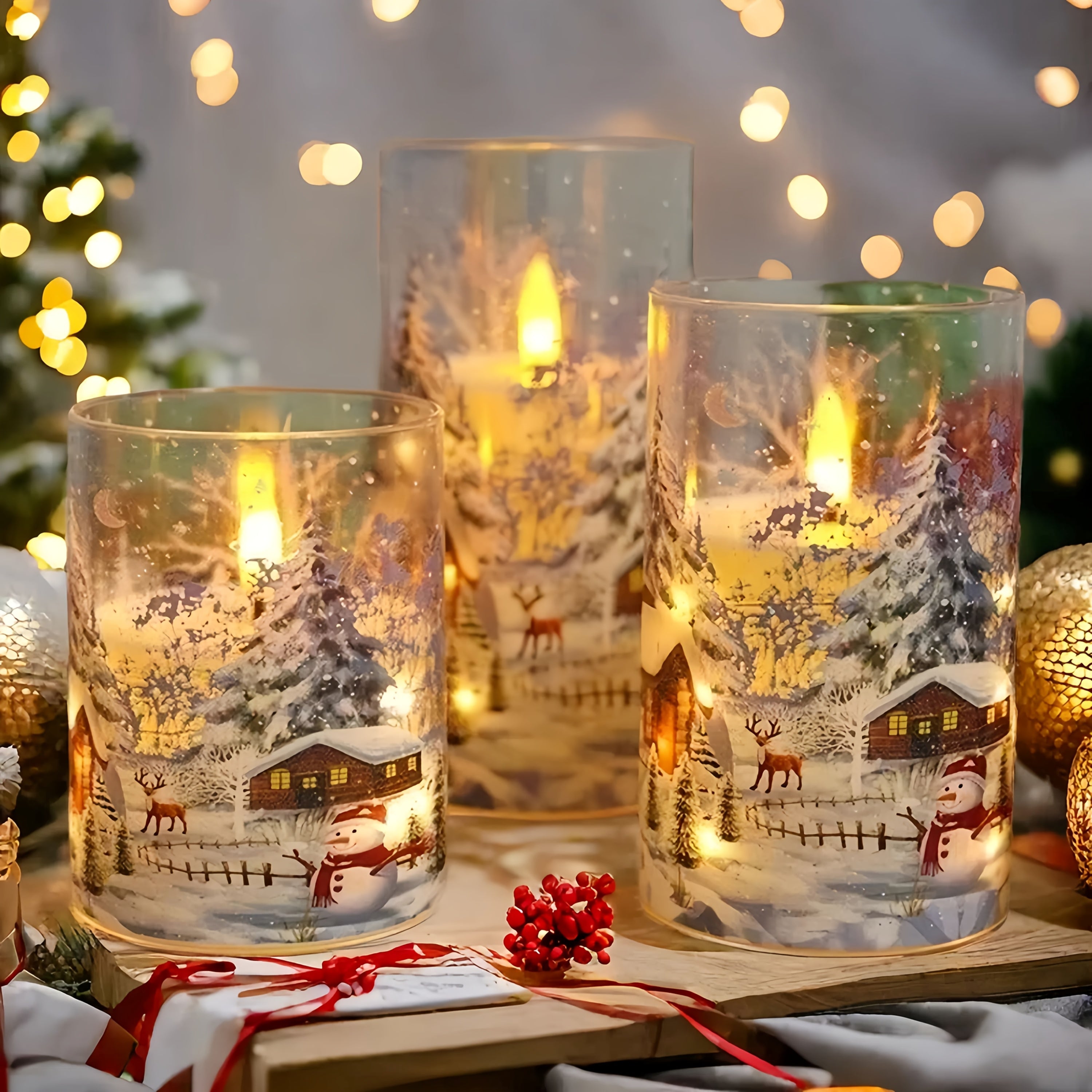 3pcs Flameless Led Pillar Candles With Christmas Snow Scene Design, Flickering Warm Light, Battery Operated Decorative Candles With Snowman Patterns, Perfect For Christmas Decoration, Table Centerpiece, Home Decor, Gift Idea,