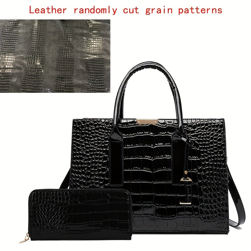 Crocodile Embossed Handbag, Trendy PU Leather Top Handle Purse, Women's Solid Color Shoulder Bag
