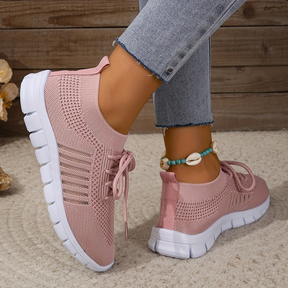Women's Knitted Sports Shoes, Breathable & Lightweight Low Top Running Sneakers, Casual Outdoor Gym Jogging Trainers Plus Size