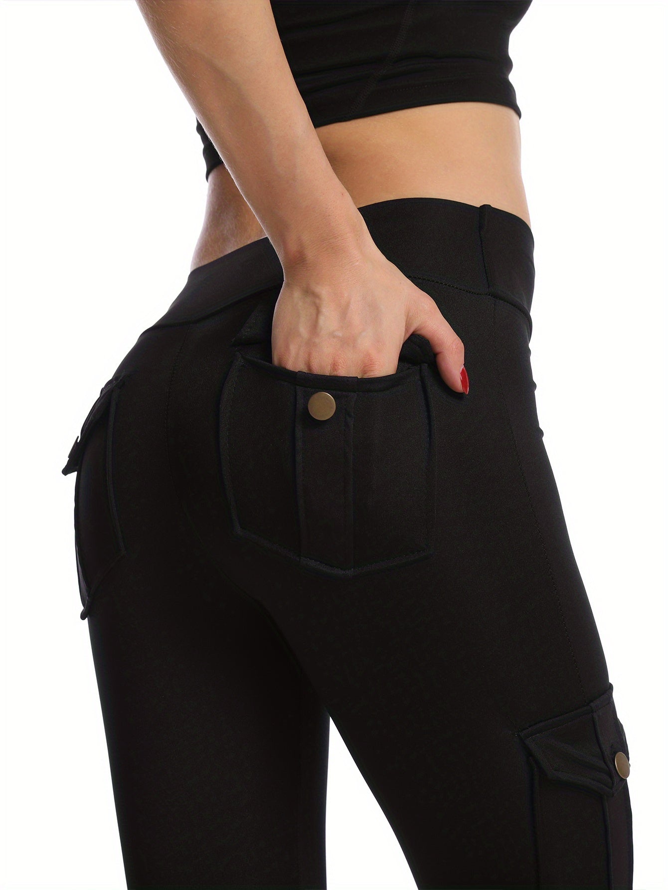 Black Flap Pockets Sports Pants, Moisture Wicking High Waist Breathable Fitness Workout Casual Cargo Pants, Women's Clothing