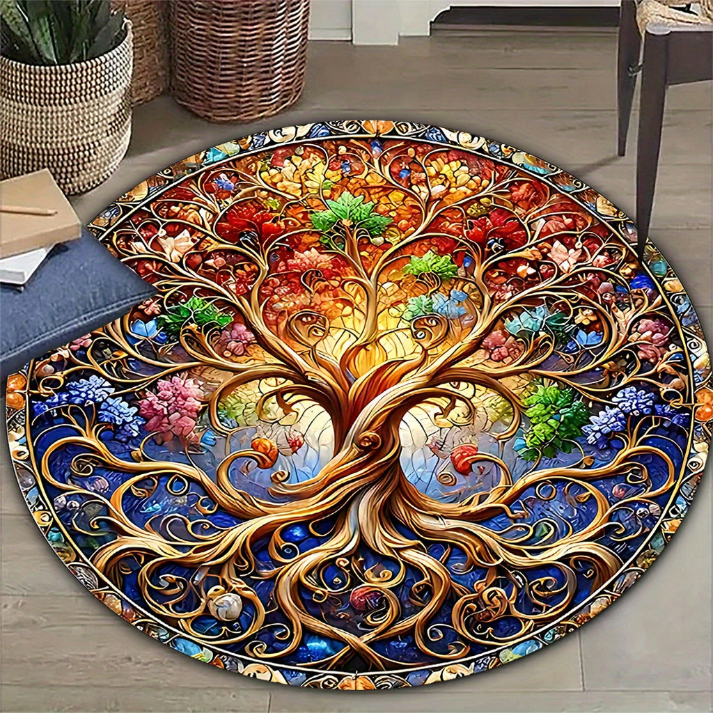 Tree of Life Round Area Mat - Vibrant Stained Glass Design, Non-Slip Rubber Backing, Easy to Clean 100% Polyester Fiber, Indoor/Outdoor Use for Living Room, Bedroom, Terrace, Camping - Large Size Available, Outdoor Rugs for P