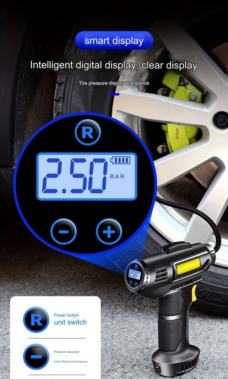 120W multi-function portable automotive air compressor, wired/wireless handheld automotive air pump electric, automotive tire inflator with LED lights