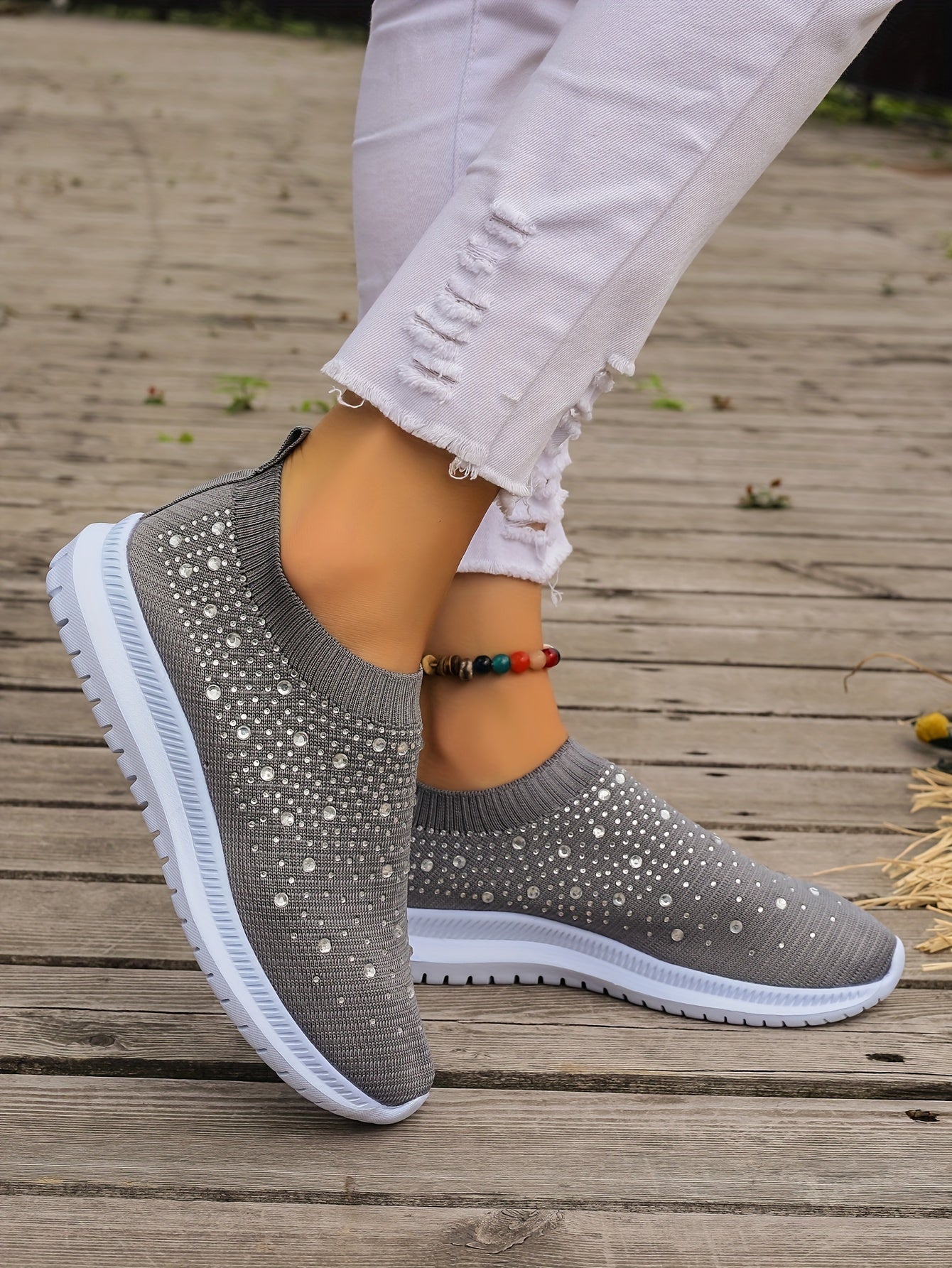 Women's Rhinestone Decor Slip-on Sneakers, Fly Woven Sports Shoes, Breathable Low Top Walking Shoes For Music Festival