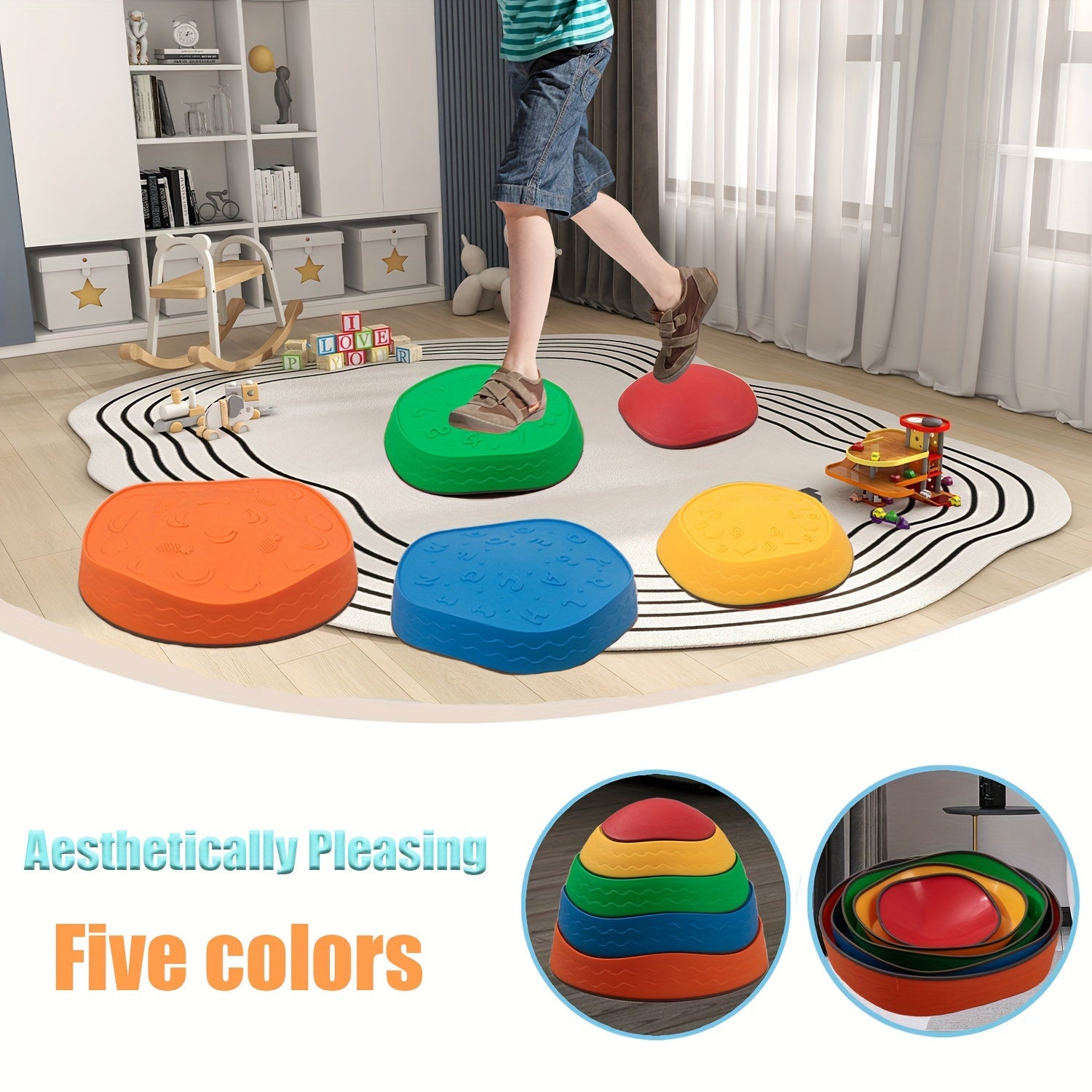 Stepping Stones for Kids-5Pcs patterns of fruits, letters, numbers, polygons and waves, Kids Balance Stepping Stones, Toddler Obstacle Course, Coordination Game Sensory Toys, Halloween Christmas Gift