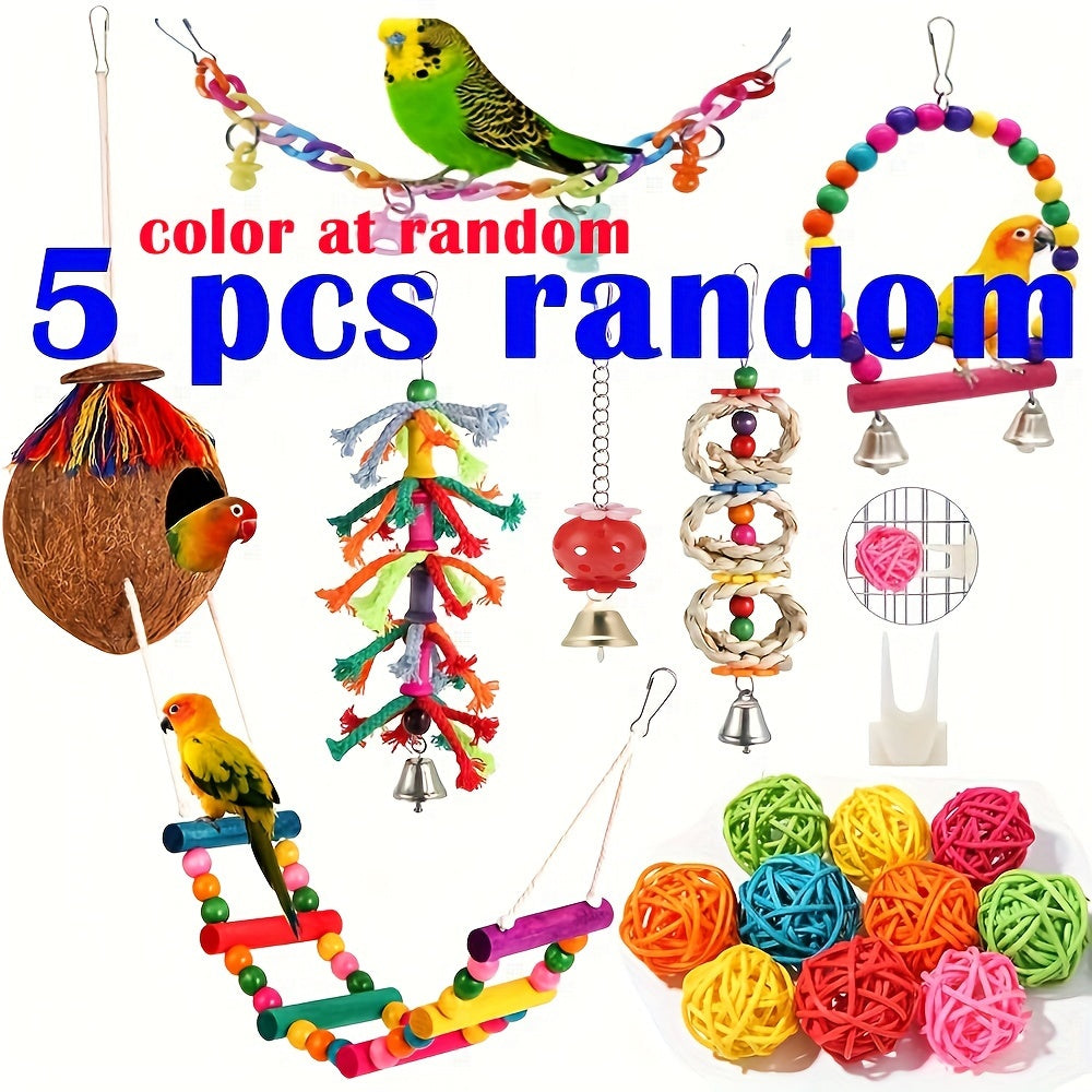 1/3/5pcs Random Bird Toys Bird Parakeet Swing Chewing Hanging Toys Climbing Ladder Coconut Bird Cage Toys Suitable for Cockatiels, Conures, Finches, Budgie, Love Birds