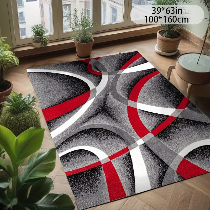 Luxurious Faux Cashmere Area Rug - Red & Gray Geometric Design, 1200Gsm, Non-Slip Cotton Backing, Perfect For Living Room, Bedroom, Kitchen, And More - Machine Washable, Stain Resistant, Low Pile Washable Area Rug Rugs For Be