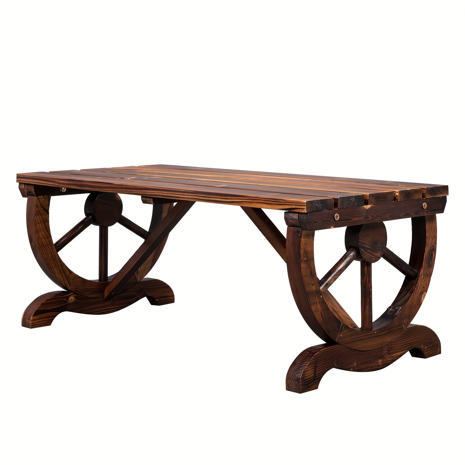 Outdoor 2-Person Rustic Hardwood Garden Bench with Wagon Wheel Design - Heavy-Duty Brown Wood Construction, Sturdy Wide Seat & Curved Backrest for Patio, Porch, Backyard - Durable All-Weather Furniture (No Batteries/Electrici