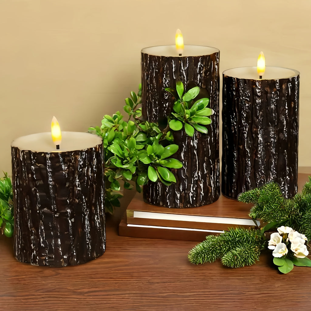 3pcs Rustic Wooden Flameless Candle Set - Artificial Tree Design, Battery Operated, Festive Tabletop Decor for Wedding, Easter, Mother'S Day, Fireplace Mantel, No Battery Included, Seasonal Celebration Decor | Natural Wood Fi