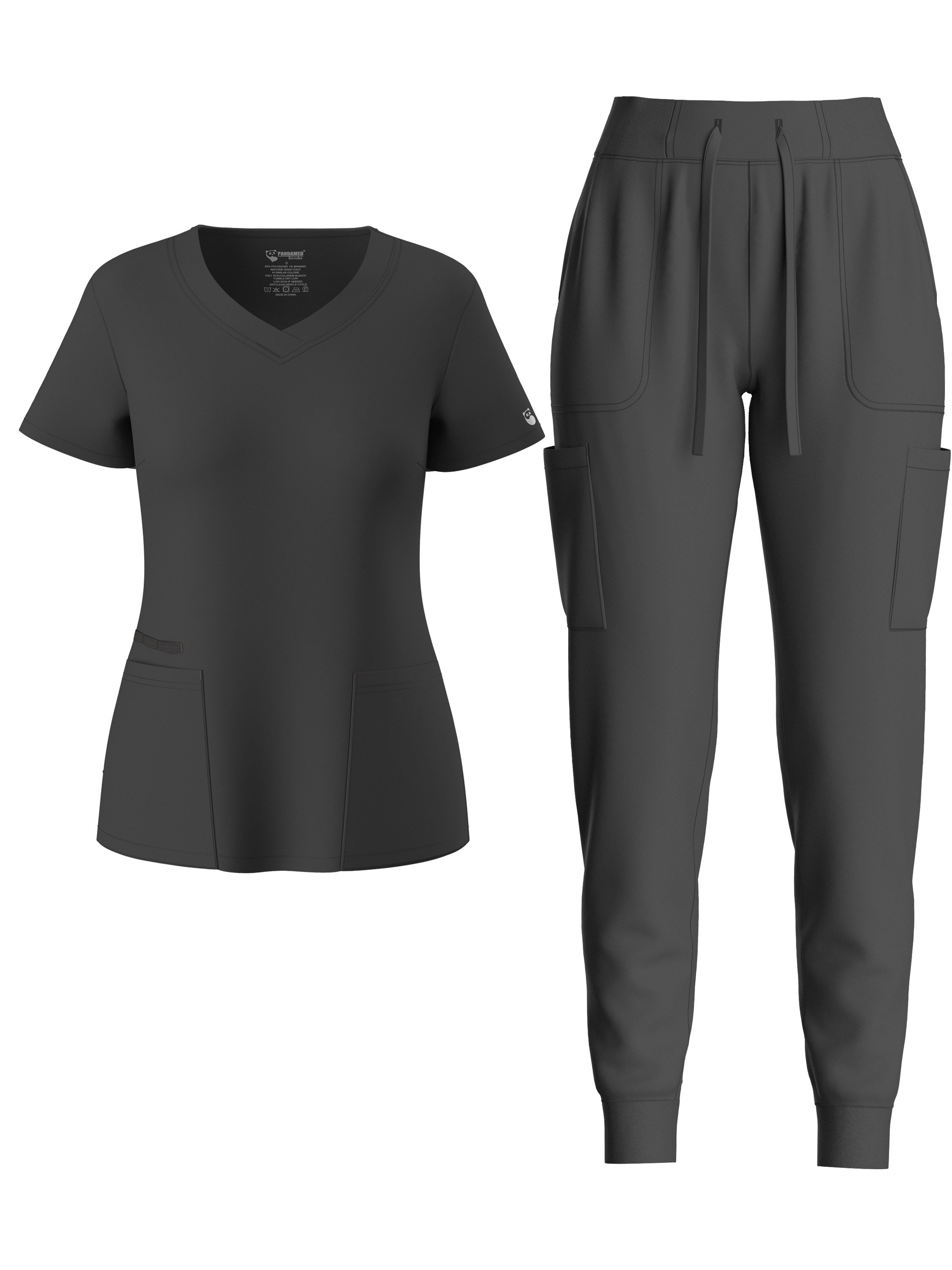 two-piece Elegant Two-Piece Scrub Set for Women: Short Sleeve V Neck Top & Drawstring Pants