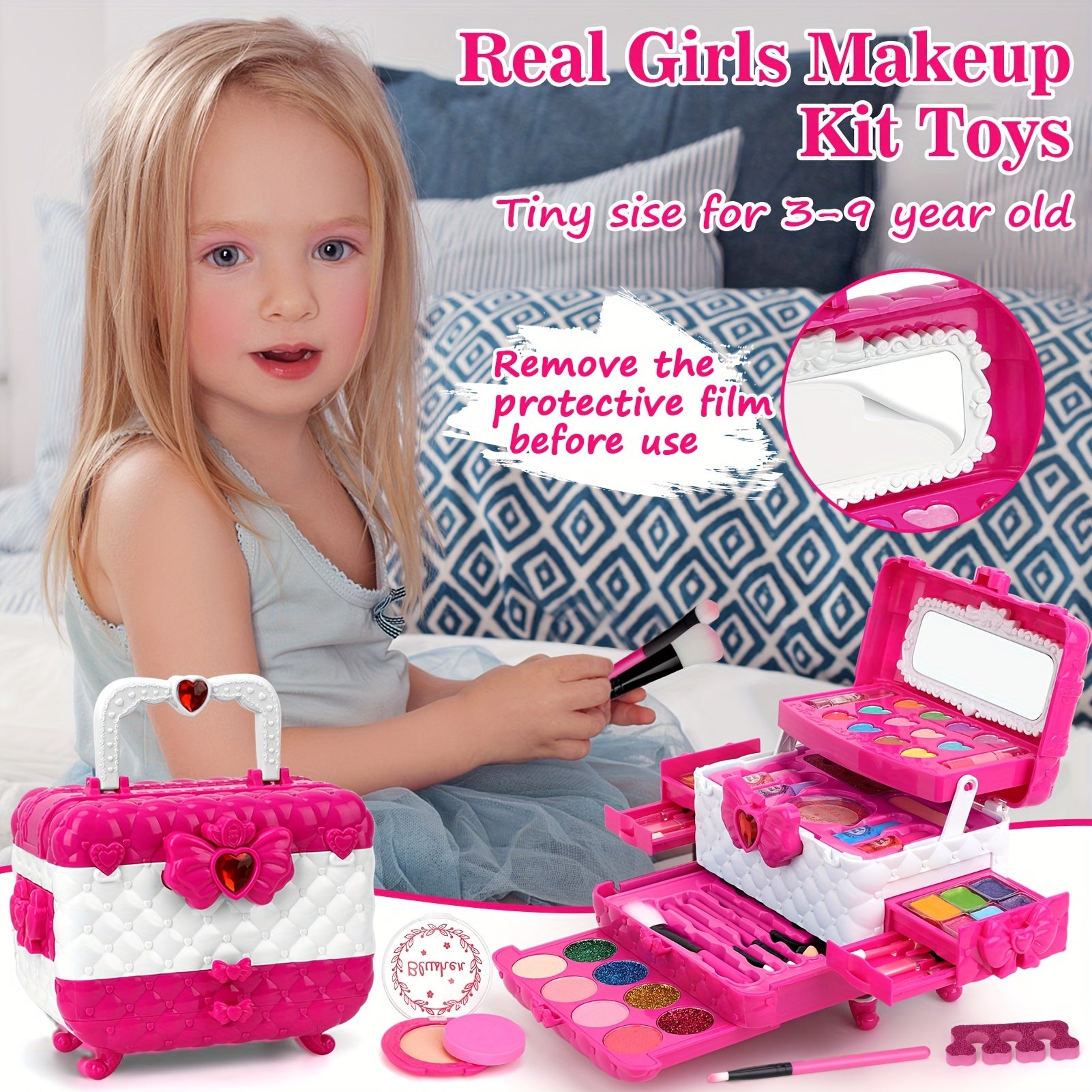 54PCS Washable Real Makeup Set for Kids, Little Girls Makeup Toys, Ideal Christmas Gifts, Toddler Toys for Halloween